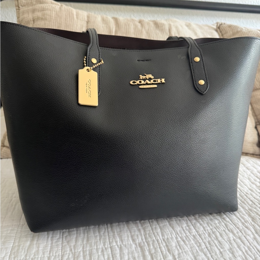 Coach Black Town Tote with Gold Accents and Snap Closure